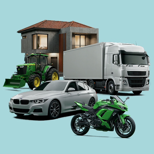 Uma ilustração com casa, trator, caminhão, carro e moto